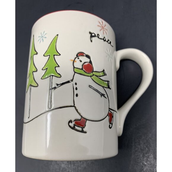 TAG ICE SKATING SNOWMAN PEACE MUG 16 oz Embossed Holiday Christmas Red Interior - Picture 8 of 9